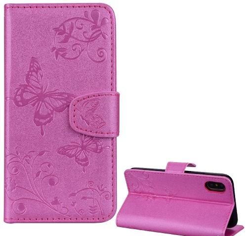 APPLE IPhone XS Max 6.5 Tok álló, bőr (FLIP, oldalra nyíló, asztali tartó funkció, tükör, pillangó minta) RÓZSASZÍN	