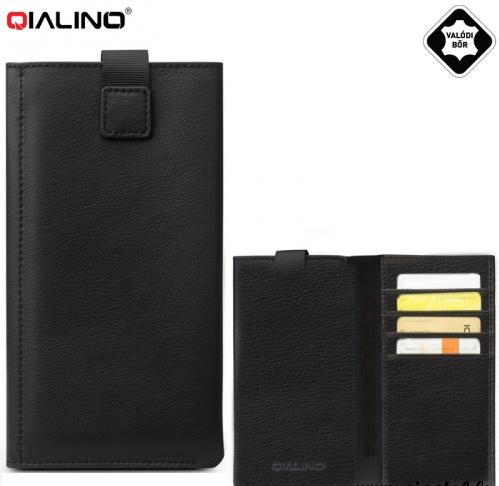QIALINO tok álló, valódi bőr, POUCH (kihúzható, oldalra nyíló, univerzális, 6,5'' méret, pénztárca forma) FEKETE
