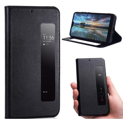 HUAWEI P20 Pro Tok álló, valódi bőr (aktív flip, oldalra nyíló, asztali tartó funkció, View Window) FEKETE	