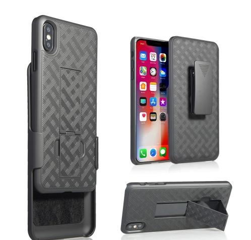 APPLE IPhone XS Max 6.5 Defender műanyag telefonvédő (közepesen ütésálló, asztali tartó, 360° védelem, övcsipesz, rácsminta) FEKETE	