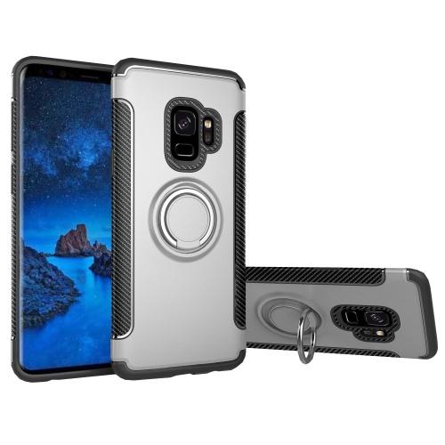 SAMSUNG Galaxy S9 (SM-G960) Műanyag telefonvédő (szilikon keret, asztali tartó funkció, telefontartó gyűrű, beépített fémlemez, karbon minta) EZÜST	