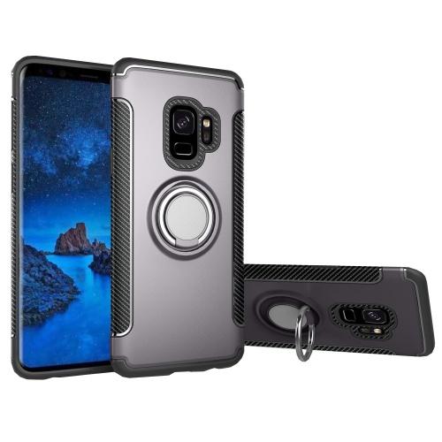 SAMSUNG Galaxy S9 (SM-G960) Műanyag telefonvédő (szilikon keret, asztali tartó funkció, telefontartó gyűrű, beépített fémlemez, karbon minta) SZÜRKE	