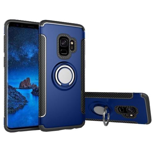 SAMSUNG Galaxy S9 (SM-G960) Műanyag telefonvédő (szilikon keret, asztali tartó, telefontartó gyűrű, beépített fémlemez, karbon minta) SÖTÉTKÉK	