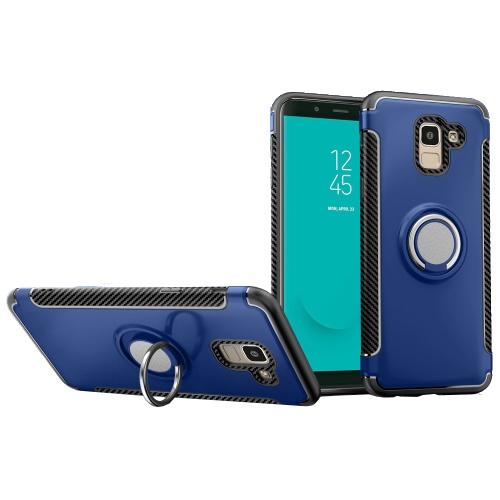 SAMSUNG Galaxy J6 (2018) J600F Műanyag telefonvédő (szilikon keret, asztali tartó, telefontartó gyűrű, beépített fémlemez, karbon minta) SÖTÉTKÉK	
