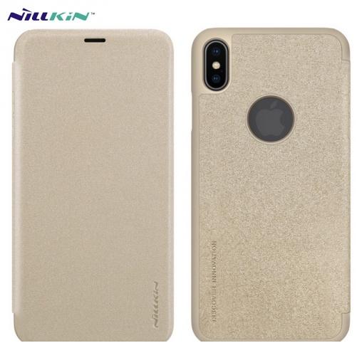 APPLE IPhone XS Max 6.5 NILLKIN SPARKLE műanyag telefonvédő (bőr flip, oldalra nyíló, logo kivágás) ARANY	