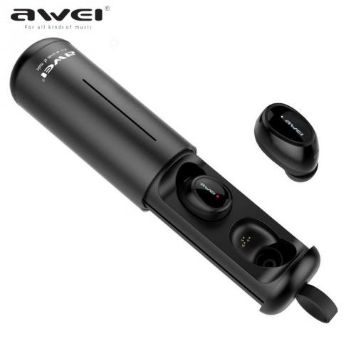 AWEI T5 TWS BLUETOOTH fülhallgató (v5.0, mikrofon, vízálló, 3D hangzás, extra mini, töltőtok) FEKETE	
