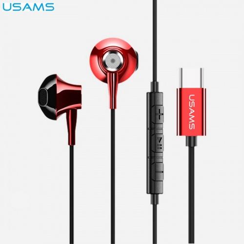 USAMS EP-25 fülhallgató SZTEREO (Type-C, mikrofon, felvevő gomb) PIROS	