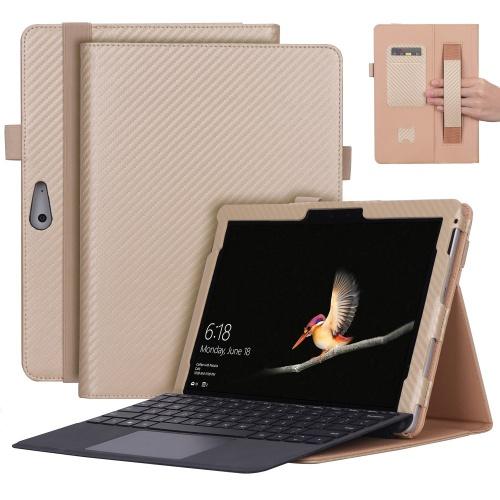 Tok álló, bőr (FLIP, oldalra nyíló, kézpánt, asztali tartó funkció, karbon minta) ARANY Microsoft Surface Go	