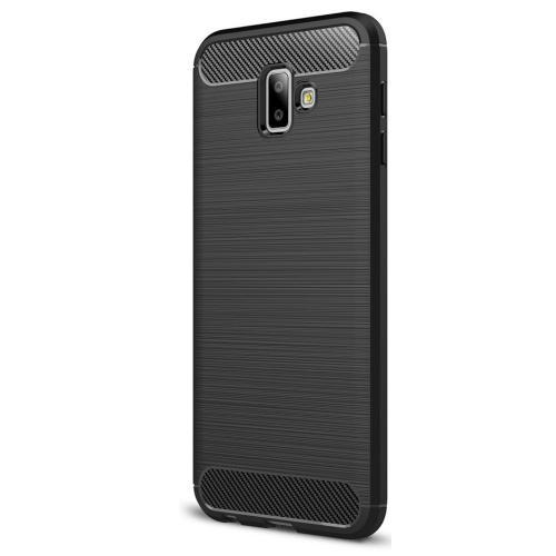 SAMSUNG Galaxy J6 Plus (J610F) Telefonvédő gumi / szilikon (közepesen ütésálló, légpárnás sarok, szálcsiszolt, karbonminta) FEKETE	