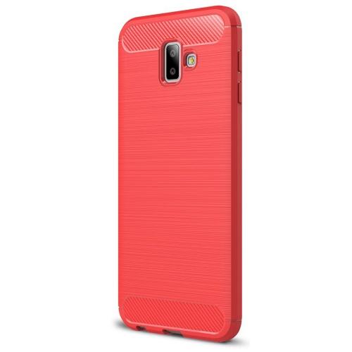 SAMSUNG Galaxy J6 Plus (J610F) Telefonvédő gumi / szilikon (közepesen ütésálló, légpárnás sarok, szálcsiszolt, karbonminta) PIROS	