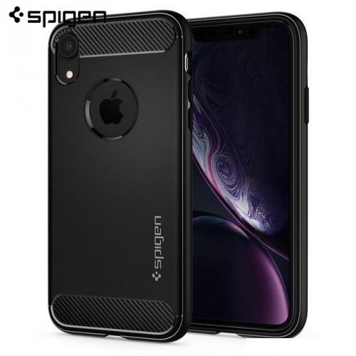APPLE IPhone XR 6.1 SPIGEN RUGGED ARMOR telefonvédő gumi / szilikon (közepesen ütésálló, légpárnás sarok, karbonminta, logo kivágás) FEKETE	