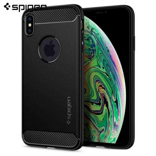 APPLE IPhone XS Max 6.5 SPIGEN RUGGED ARMOR telefonvédő gumi / szilikon (közepesen ütésálló, légpárnás sarok, karbonminta, logo kivágás) FEKETE	