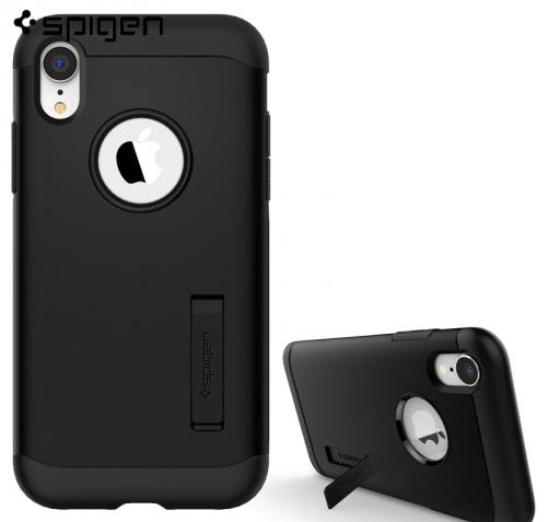 APPLE IPhone X 5.8 /APPLE IPhone XS 5.8 SPIGEN SLIM ARMOR telefonvédő gumi / szilikon (közepesen ütésálló, műanyag hátlap, kitámasztó, logo kivágás) FEKETE	