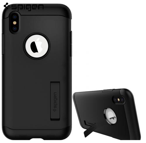 APPLE IPhone XR 6.1 SPIGEN SLIM ARMOR telefonvédő gumi / szilikon (közepesen ütésálló, műanyag hátlap, kitámasztó, logo kivágás) FEKETE	