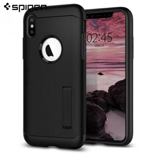 APPLE IPhone XS Max 6.5 SPIGEN SLIM ARMOR telefonvédő gumi / szilikon (közepesen ütésálló, műanyag hátlap, kitámasztó, logo kivágás) FEKETE	