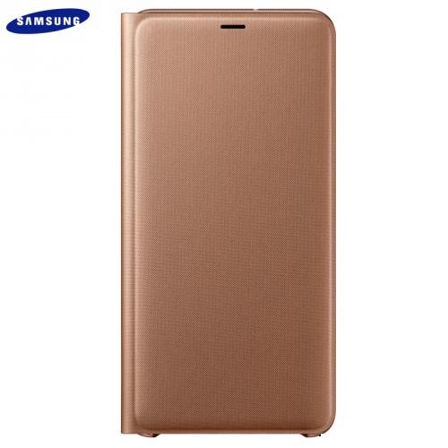 SAMSUNG Galaxy A7 (2018) SM-A750F Műanyag telefonvédő (aktív flip, oldalra nyíló, bankkártya tartó, textil minta) ARANY	