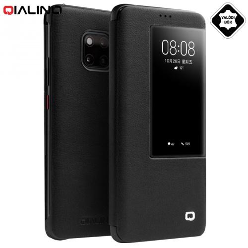 HUAWEI Mate 20 Pro QIALINO tok álló, valódi bőr (aktív flip, oldalra nyíló, View Window) FEKETE	