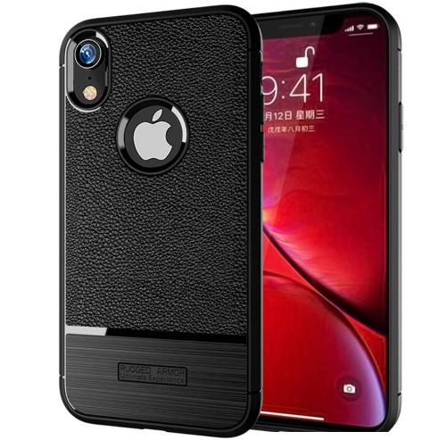 APPLE IPhone XR 6.1 Telefonvédő gumi / szilikon (közepesen ütésálló, bőrhatás, szálcsiszolt, logo kivágás) FEKETE	