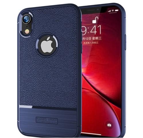 APPLE IPhone XR 6.1 Telefonvédő gumi / szilikon (közepesen ütésálló, bőrhatás, szálcsiszolt, logo kivágás) SÖTÉTKÉK	