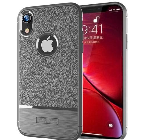 APPLE IPhone XR 6.1 Telefonvédő gumi / szilikon (közepesen ütésálló, bőrhatás, szálcsiszolt, logo kivágás) SZÜRKE	