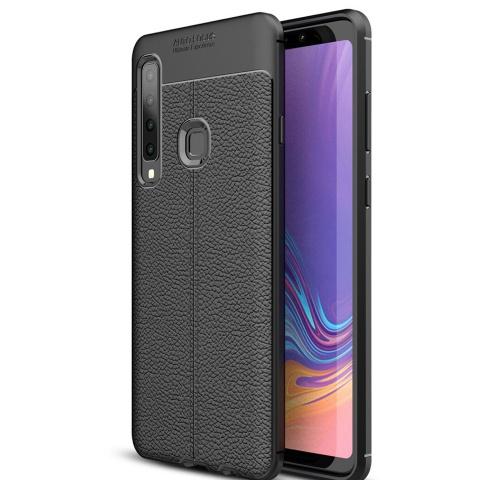 SAMSUNG Galaxy A9 (2018) SM-A920 Telefonvédő gumi / szilikon (közepesen ütésálló, bőrhatás, varrás minta) FEKETE	