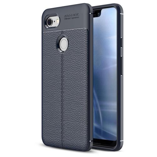 GOOGLE Pixel 3 XL Telefonvédő gumi / szilikon (közepesen ütésálló, bőrhatás, varrás minta) SÖTÉTKÉK	