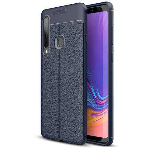SAMSUNG Galaxy A9 (2018) SM-A920 Telefonvédő gumi / szilikon (közepesen ütésálló, bőrhatás, varrás minta) SÖTÉTKÉK	