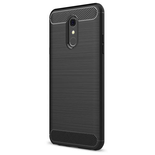 LG Q Stylus (Q710) Telefonvédő gumi / szilikon (közepesen ütésálló, légpárnás sarok, szálcsiszolt, karbonminta) FEKETE	