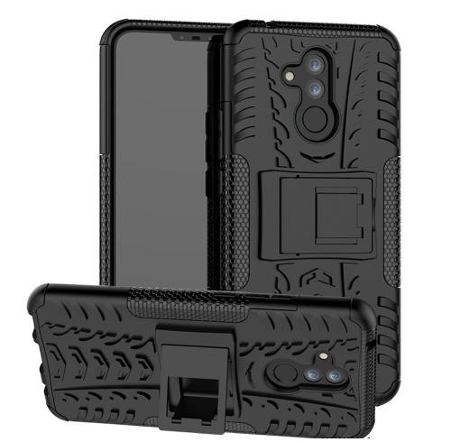 HUAWEI Mate 20 Lite Defender műanyag telefonvédő (közepesen ütésálló, gumi / szilikon belső, kitámasztó, autógumi minta) FEKETE	