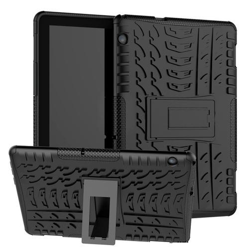 HUAWEI Mediapad T5 10 LTE /HUAWEI Mediapad T5 10 WIFI Defender műanyag telefonvédő (közepesen ütésálló, gumi / szilikon belső, kitámasztó, autógumi minta) FEKETE	