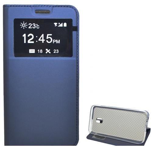 SAMSUNG Galaxy J3 (2017) (SM-J330) EU Tok álló, bőr (FLIP, oldalra nyíló, hívókijelzés, asztali tartó funkció,View Window) SÖTÉTKÉK	
