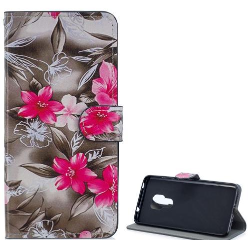 HUAWEI Mate 20 Tok álló, bőr (FLIP, oldalra nyíló, asztali tartó funkció, rózsaszín virágminta) SZÜRKE	