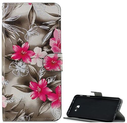 SAMSUNG Galaxy J4 Plus (J415F) Tok álló, bőr (FLIP, oldalra nyíló, asztali tartó funkció, rózsaszín virágminta) SZÜRKE	