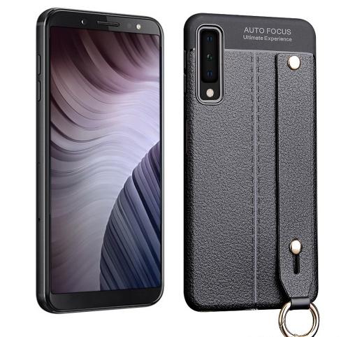 SAMSUNG Galaxy A7 (2018) SM-A750F Telefonvédő gumi / szilikon (kézpánt, közepesen ütésálló, asztali tartó funkció, bőrhatás, varrás minta) FEKETE	