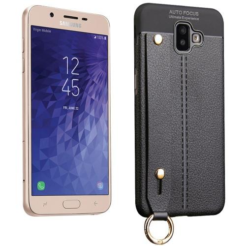 SAMSUNG Galaxy J6 Plus (J610F) Telefonvédő gumi / szilikon (kézpánt, közepesen ütésálló, asztali tartó funkció, bőrhatás, varrás minta) FEKETE	