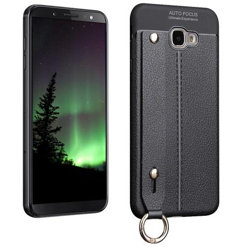 SAMSUNG Galaxy J4 Plus (J415F) Telefonvédő gumi / szilikon (kézpánt, közepesen ütésálló, asztali tartó funkció, bőrhatás, varrás minta) FEKETE	