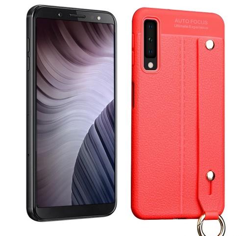 SAMSUNG Galaxy A7 (2018) SM-A750F Telefonvédő gumi / szilikon (kézpánt, közepesen ütésálló, asztali tartó funkció, bőrhatás, varrás minta) PIROS	