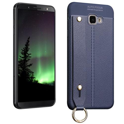 SAMSUNG Galaxy J4 Plus (J415F) Telefonvédő gumi / szilikon (kézpánt, közepesen ütésálló, asztali tartó funkció, bőrhatás, varrás minta) SÖTÉTKÉK	