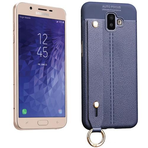 SAMSUNG Galaxy J6 Plus (J610F) Telefonvédő gumi / szilikon (kézpánt, közepesen ütésálló, asztali tartó funkció, bőrhatás, varrás minta) SÖTÉTKÉK	