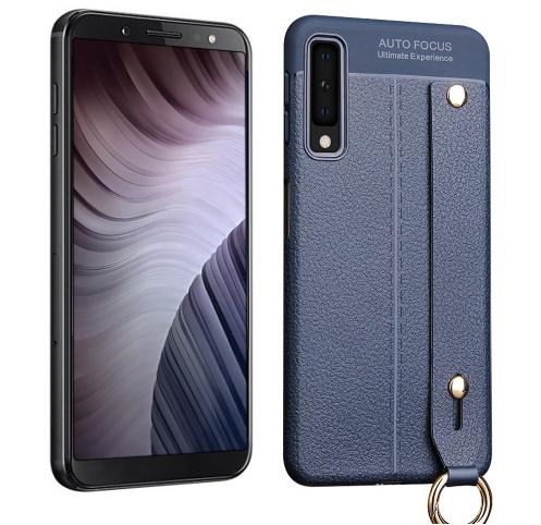 SAMSUNG Galaxy A7 (2018) SM-A750F Telefonvédő gumi / szilikon (kézpánt, közepesen ütésálló, asztali tartó funkció, bőrhatás, varrás minta) SÖTÉTKÉK	