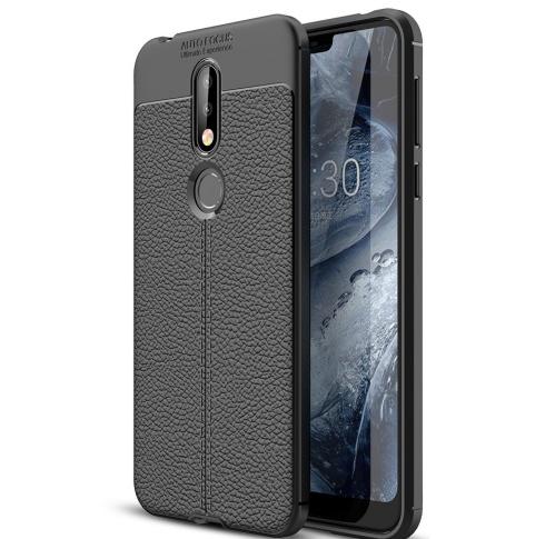 NOKIA 7.1 Telefonvédő gumi / szilikon (közepesen ütésálló, bőrhatás, varrás minta) FEKETE	