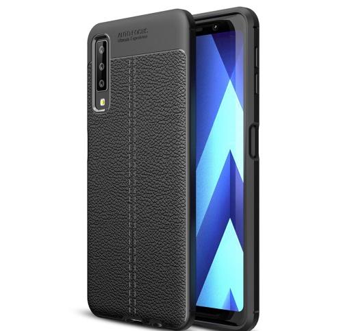 SAMSUNG Galaxy A7 (2018) SM-A750F Telefonvédő gumi / szilikon (közepesen ütésálló, bőrhatás, varrás minta) FEKETE	
