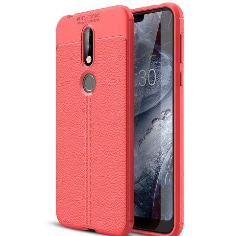 NOKIA 7.1 Telefonvédő gumi / szilikon (közepesen ütésálló, bőrhatás, varrás minta) PIROS	