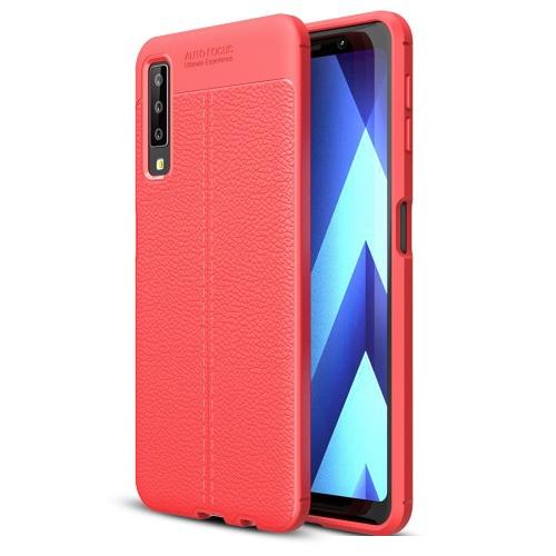 SAMSUNG Galaxy A7 (2018) SM-A750F Telefonvédő gumi / szilikon (közepesen ütésálló, bőrhatás, varrás minta) PIROS	