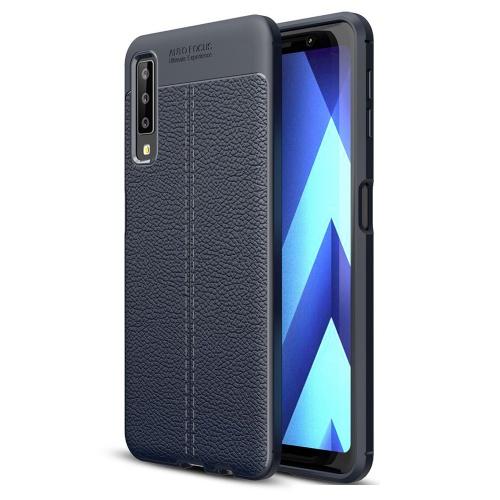 SAMSUNG Galaxy A7 (2018) SM-A750F Telefonvédő gumi / szilikon (közepesen ütésálló, bőrhatás, varrás minta) SÖTÉTKÉK	