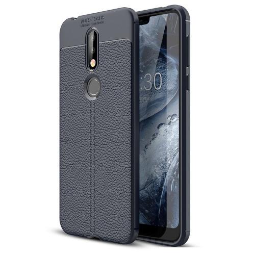 NOKIA 7.1 Telefonvédő gumi / szilikon (közepesen ütésálló, bőrhatás, varrás minta) SÖTÉTKÉK	