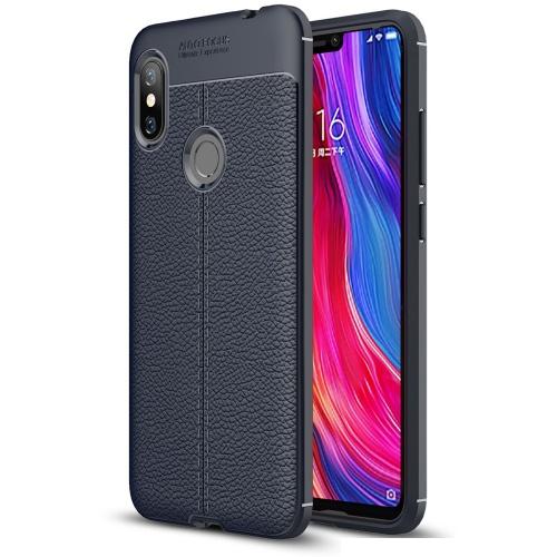 XIAOMI Redmi Note 6 Pro Telefonvédő gumi / szilikon (közepesen ütésálló, bőrhatás, varrás minta) SÖTÉTKÉK	