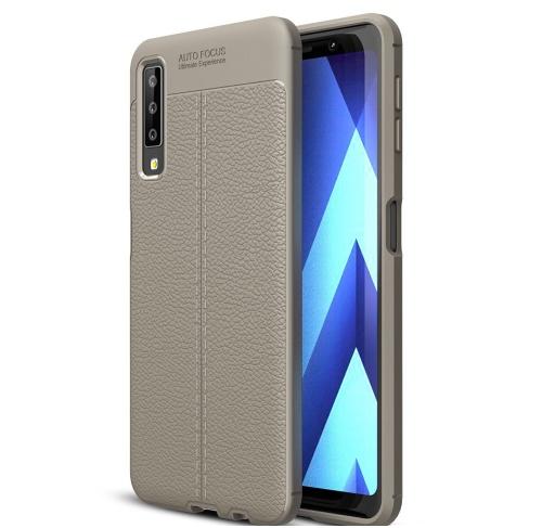 SAMSUNG Galaxy A7 (2018) SM-A750F Telefonvédő gumi / szilikon (közepesen ütésálló, bőrhatás, varrás minta) SZÜRKE	