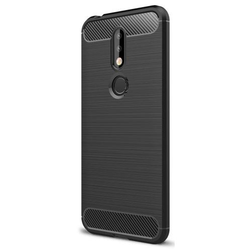 NOKIA 7.1 Telefonvédő gumi / szilikon (közepesen ütésálló, légpárnás sarok, szálcsiszolt, karbonminta) FEKETE	