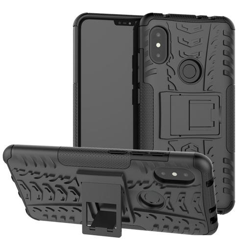 XIAOMI Redmi Note 6 Pro Defender műanyag telefonvédő (közepesen ütésálló, gumi / szilikon belső, kitámasztó, autógumi minta) FEKETE	